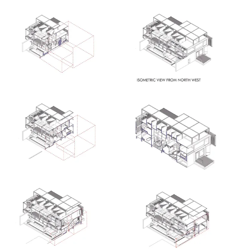 Isometric drawings showing the layered structure and circulation paths from multiple viewing angles