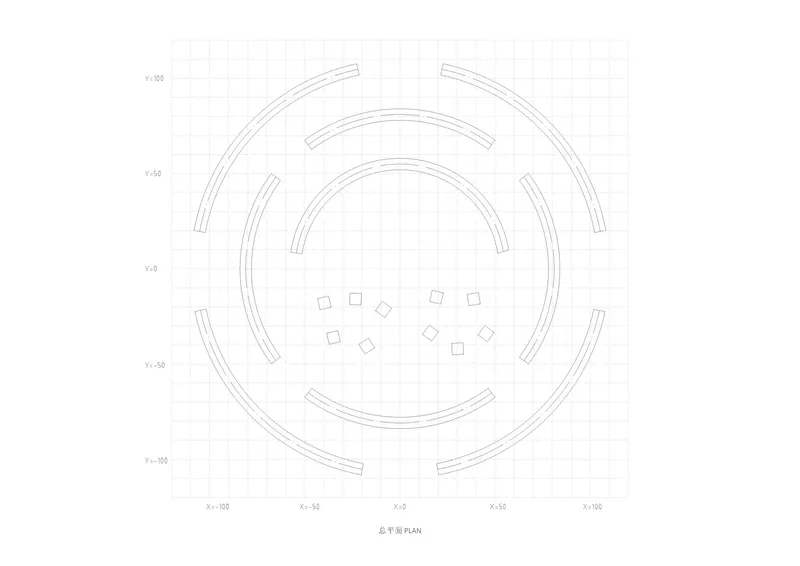 Plan drawing showing concentric circular walls with radiating segments and scattered elements in the center
