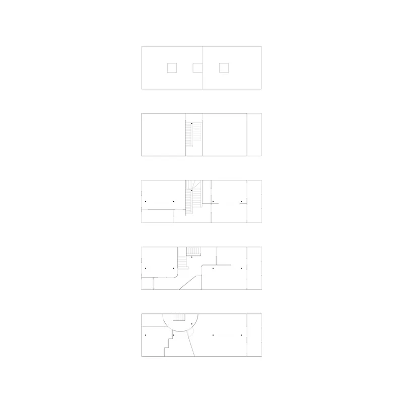 Floor plan drawings showing the five-level vertical organization with central staircase and varying room layouts