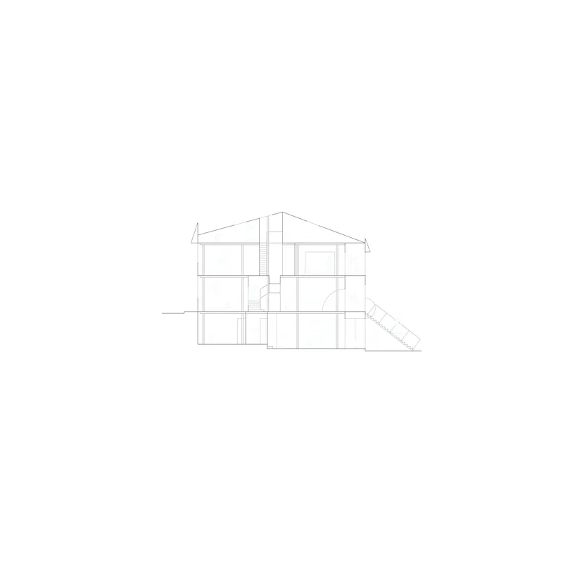 Section drawing revealing the three-story pitched-roof structure with internal staircase and external ramp