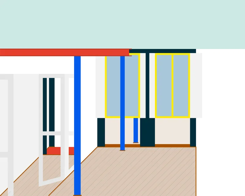 Rendered interior perspective showing blue columns, yellow-framed partitions, and diagonal timber flooring