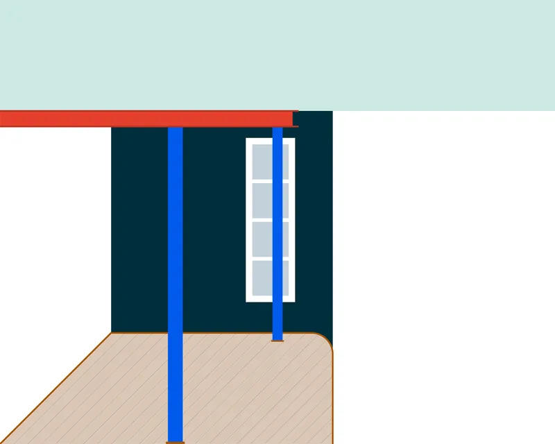 Rendered interior view of narrow hallway with dark teal walls and blue structural columns