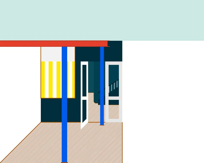 Rendered interior perspective showing doorway to staircase framed by blue columns and yellow-striped partitions