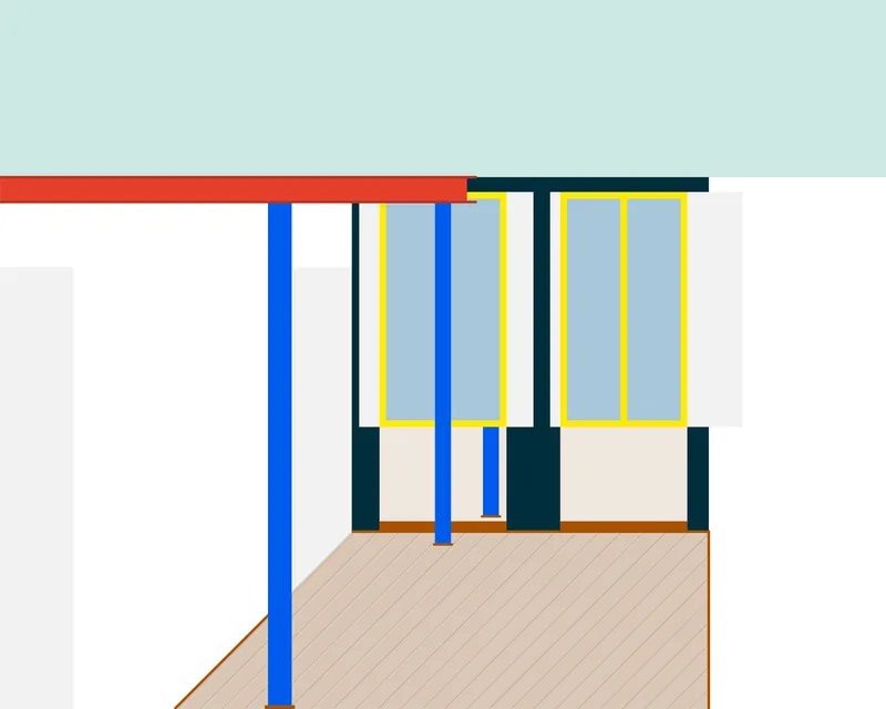Rendered interior view showing yellow-framed glazed partitions above dark teal base panels on timber floor
