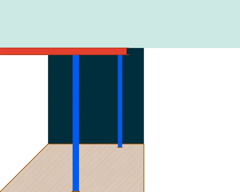 Axonometric drawing showing blue structural columns supporting a red beam above a hatched floor plane