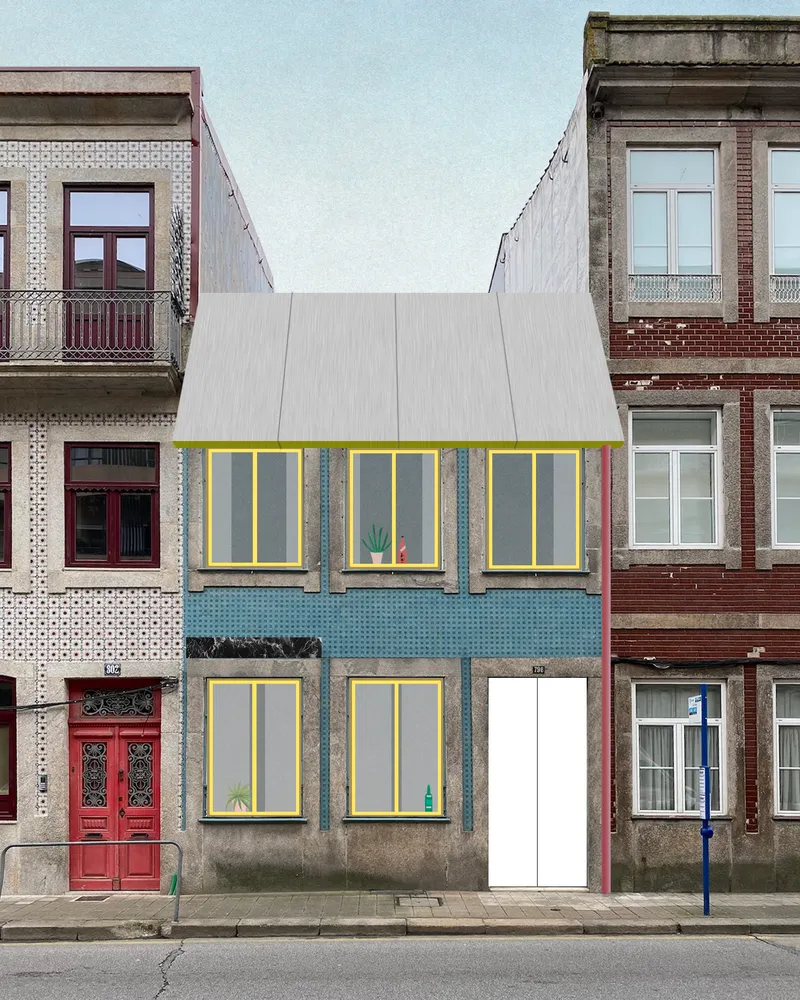 Street facade with yellow-framed windows and white entrance door between tiled neighboring buildings