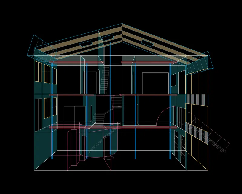 Sectional axonometric drawing revealing three levels with stairs and roof structure in wireframe
