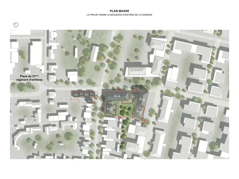 Site plan drawing showing residential blocks arranged around central courtyard with surrounding streets and trees