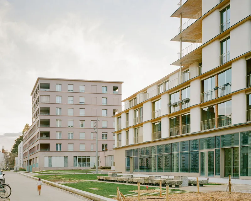 Two housing blocks framing a lawn with timber frame balconies and ground-floor glazing