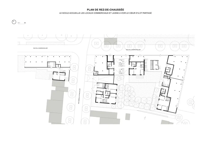 Ground floor plan drawing showing multiple residential buildings arranged around landscaped courtyards with circular tree plantings