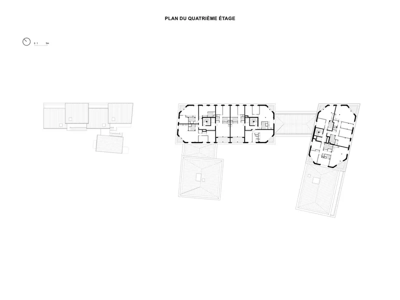 Fourth floor plan drawing showing residential unit layouts within curved and angled building forms with exterior terraces