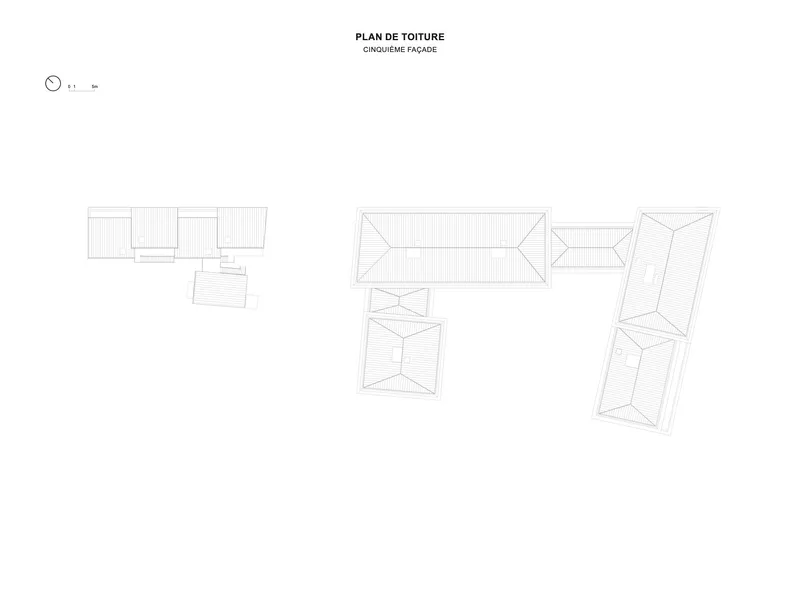 Roof plan drawing illustrating pitched and flat roof geometries across multiple connected residential building volumes