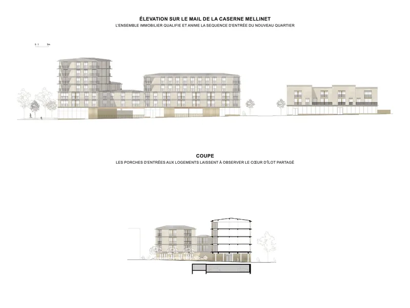 Elevation and section drawings showing multi-story residential buildings with recessed balconies and timber base elements flanking trees