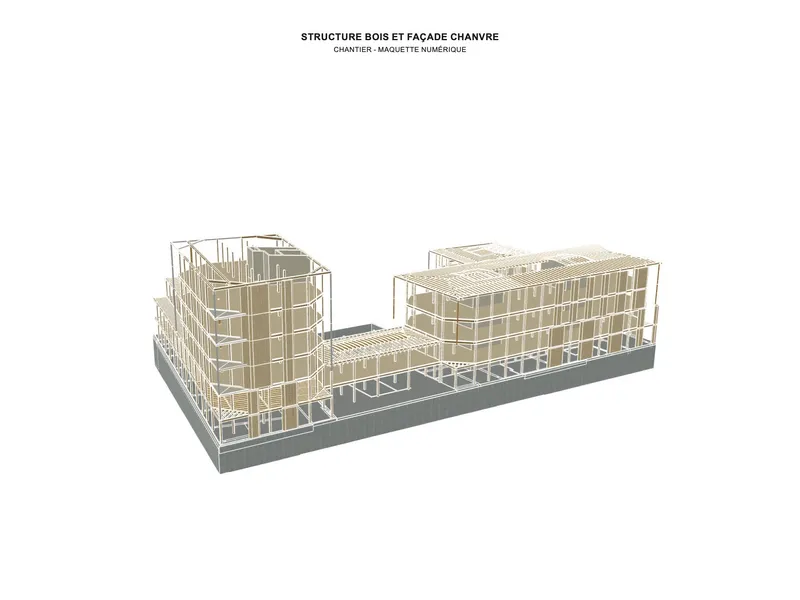 Axonometric drawing showing timber frame structure with curved and rectangular volumes on a shared base