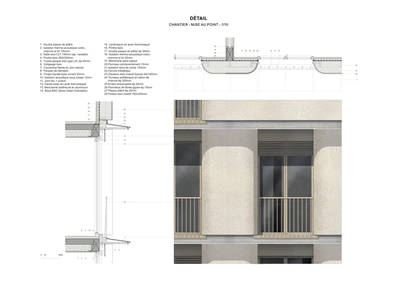 Detail section drawings and facade elevation showing cylindrical columns with balconies and layered panel assembly