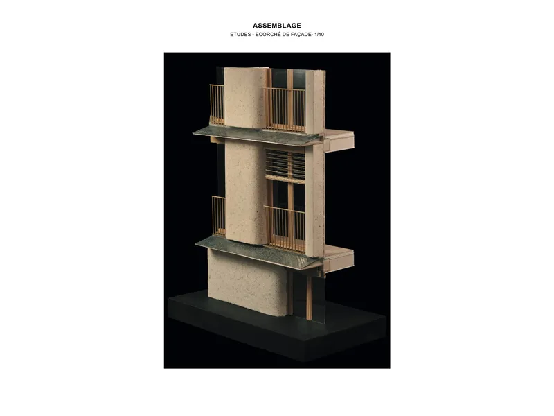 Physical model of facade assembly with cylindrical column, projecting balconies and vertical timber slats