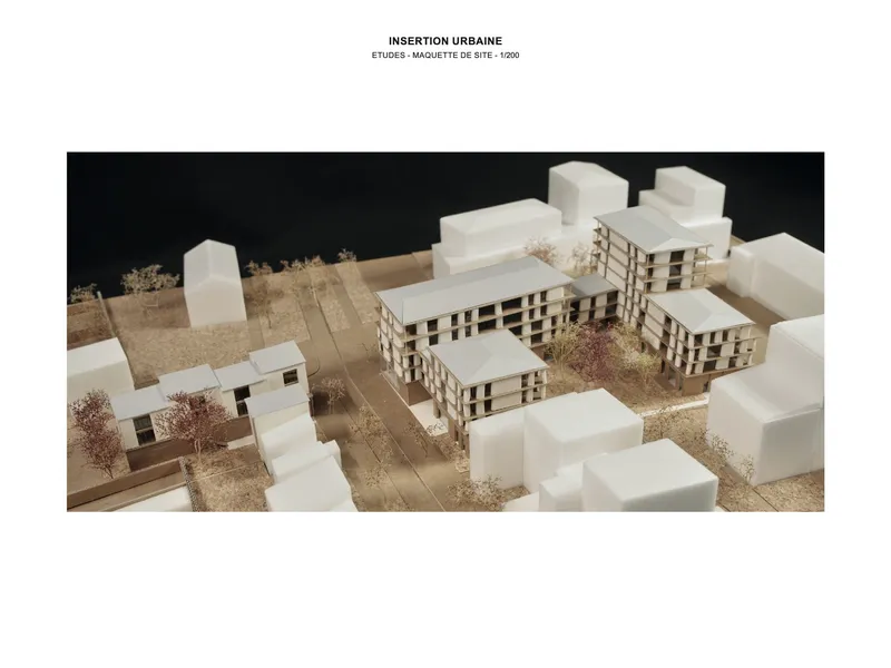 Site model aerial view showing curved and linear building volumes with trees and neighboring white blocks