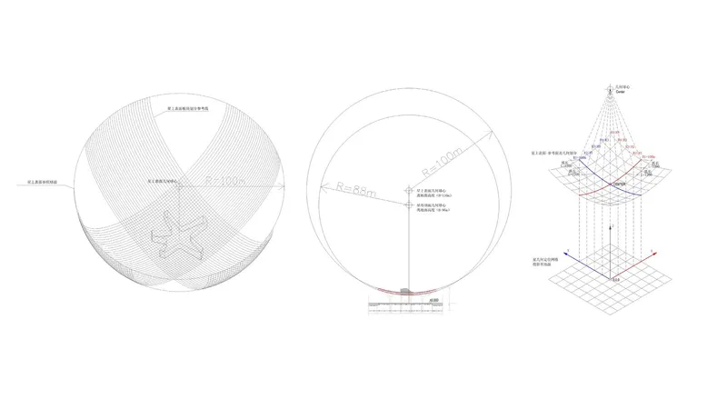 Technical drawing set showing radial plan layout, sectional profile and three-dimensional structural mesh