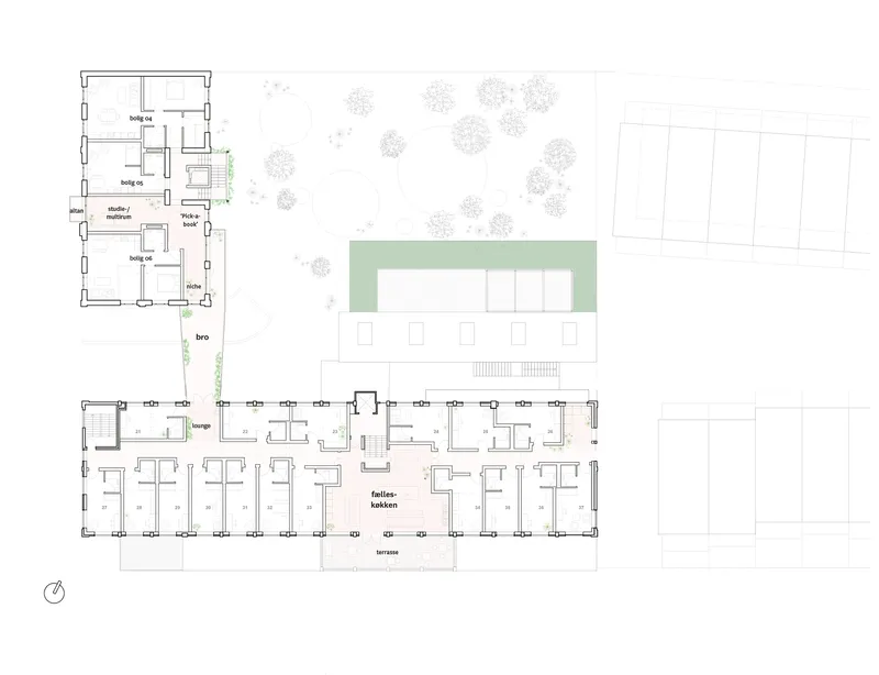 Floor plan drawing showing a linear classroom wing with green courtyard and scattered trees