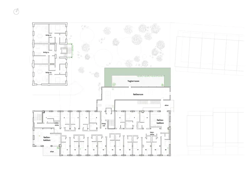 Floor plan drawing showing classroom units with adjacent courtyards and tree planting indicated
