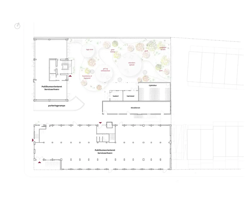Site plan drawing showing building clusters with labeled gardens and colored tree canopy circles