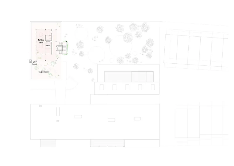 Floor plan drawing showing building footprints with a terrace and tree symbols in open space
