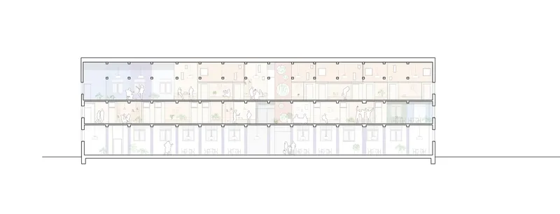 Section drawing through a three-story building showing repeated room modules and interior figures