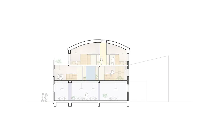 Section drawing revealing a barrel-vaulted roof over three levels with figures and planted terraces