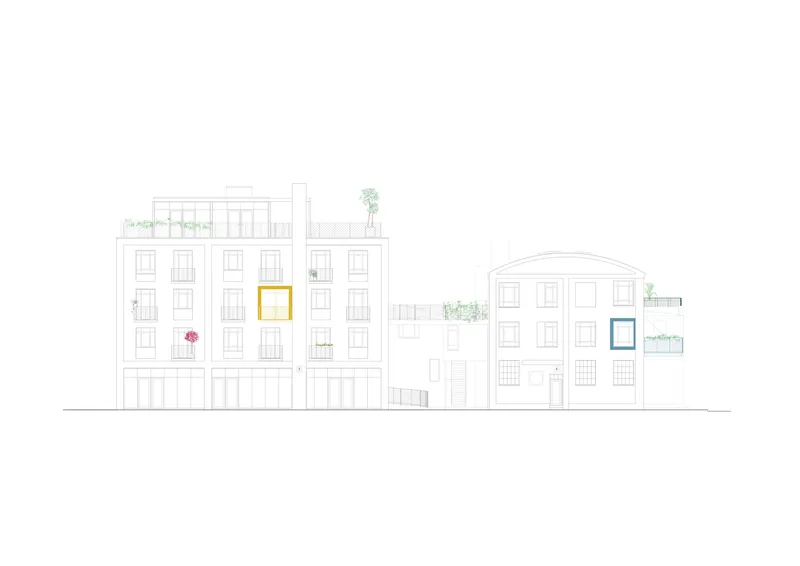Elevation drawing depicting adjacent buildings with roof terraces, balconies and highlighted yellow and blue windows