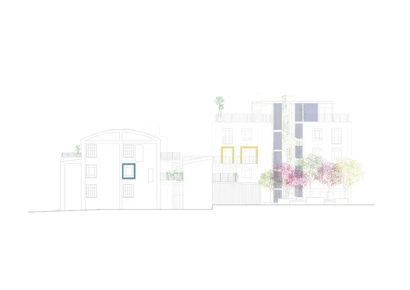 Elevation drawing showing varied building heights with rooftop trees and colorful window frames