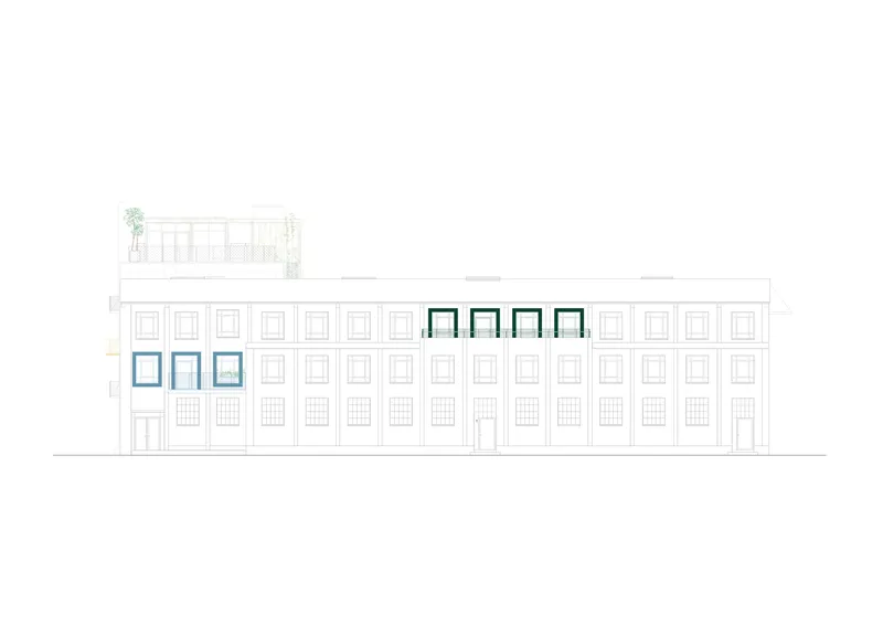 Elevation drawing showing a symmetrical facade with highlighted window bays in blue and green