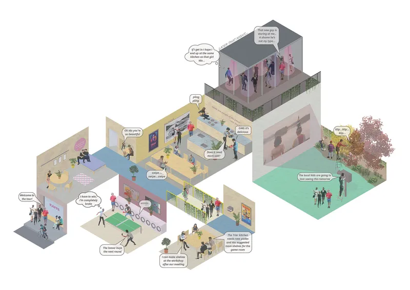 Axonometric drawing depicting multiple interconnected interior spaces with figures and dialogue bubbles
