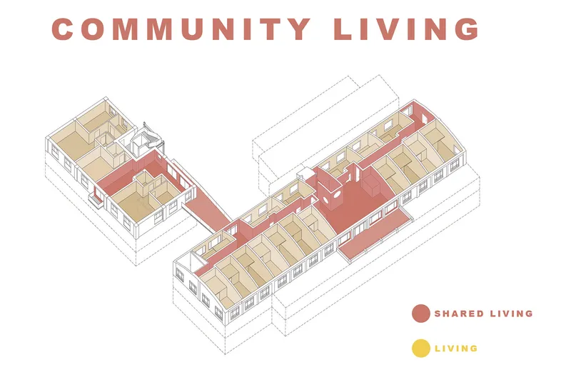 Isometric drawing showing residential units with shared circulation spaces highlighted in red