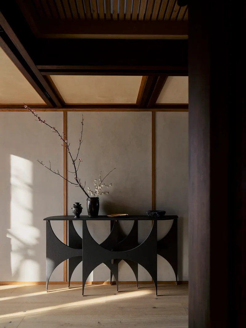 Sculptural black console table with flowering branch against timber-framed wall in morning light