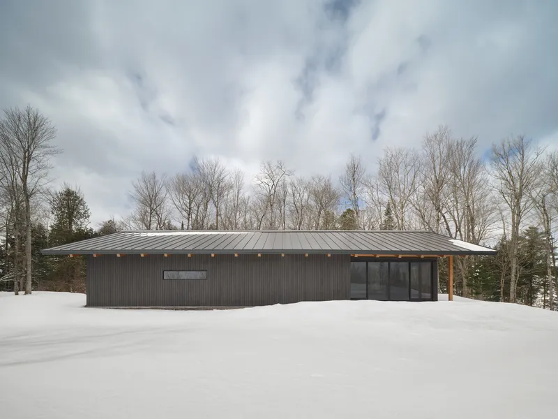 Single-story volume with dark corrugated siding and standing seam metal roof set in a snow-covered clearing