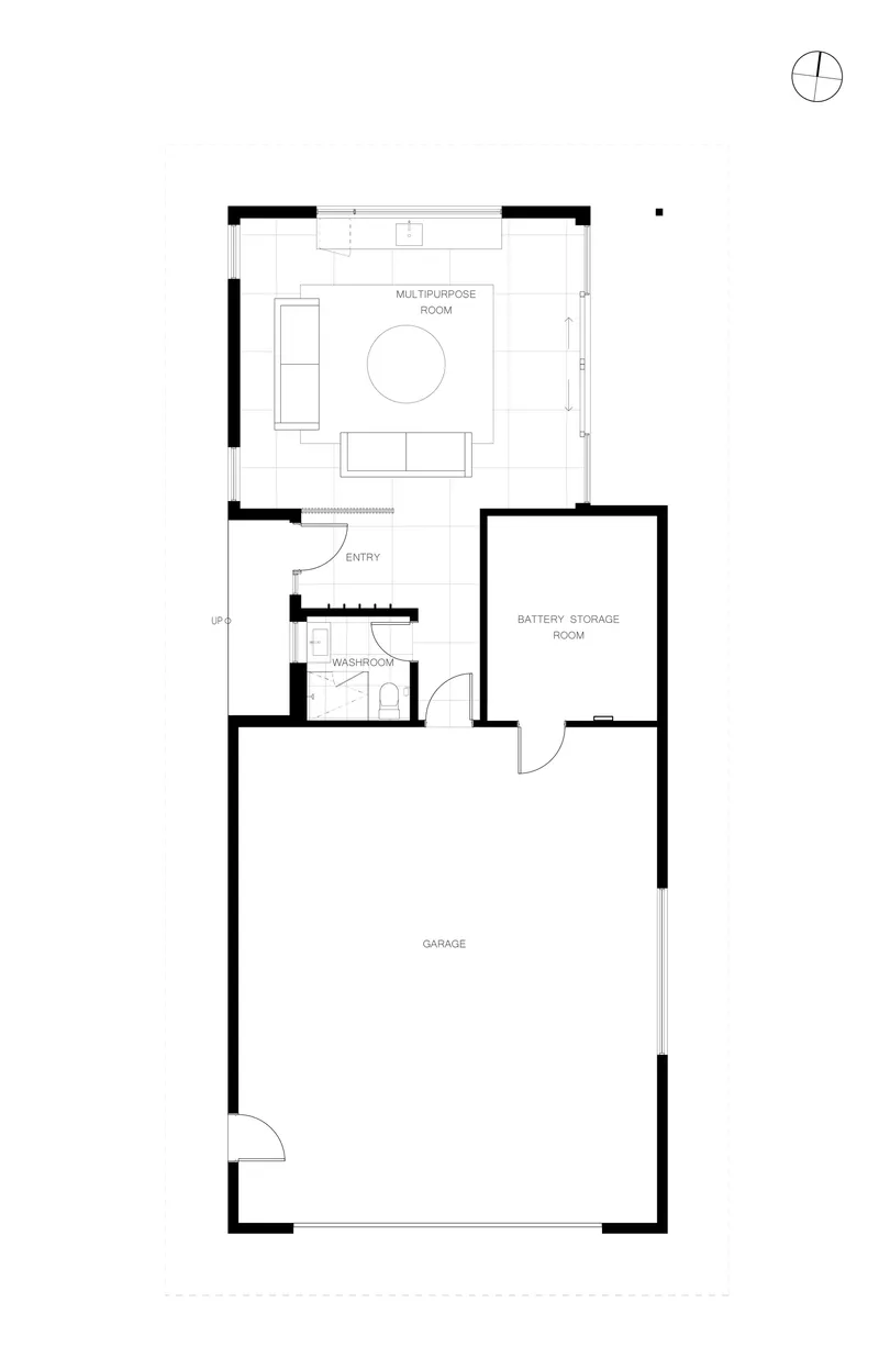 Floor plan drawing showing a multipurpose room, entry, bathroom, battery storage room, and garage