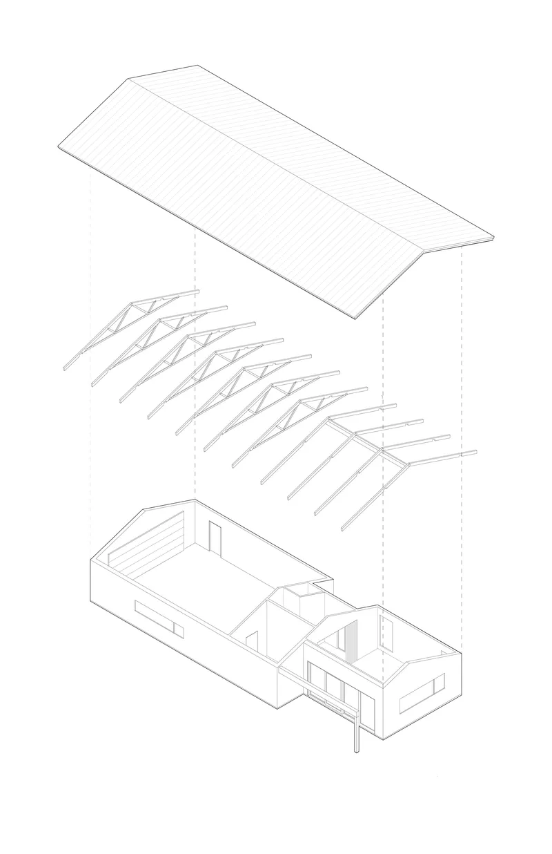 Exploded axonometric drawing showing metal roof, timber truss structure, and interior living volume below