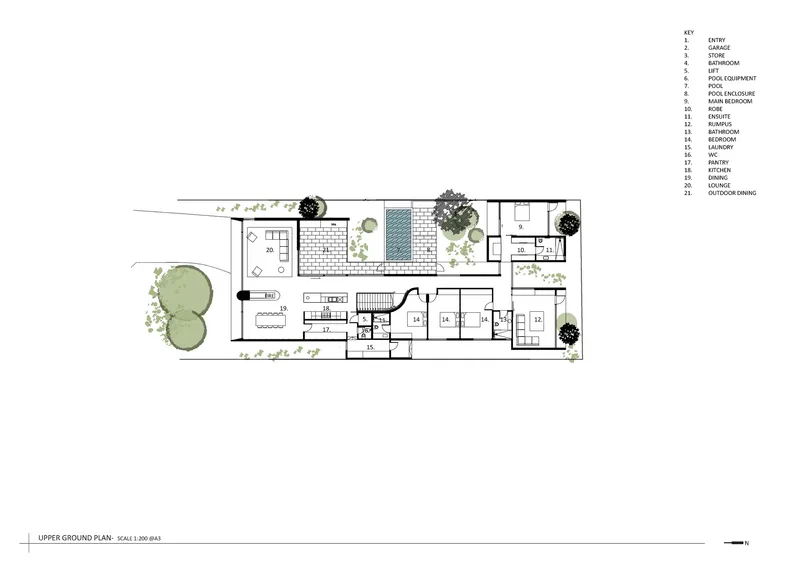Upper ground plan drawing with interior rooms, courtyards, pool, and trees rendered in green watercolor