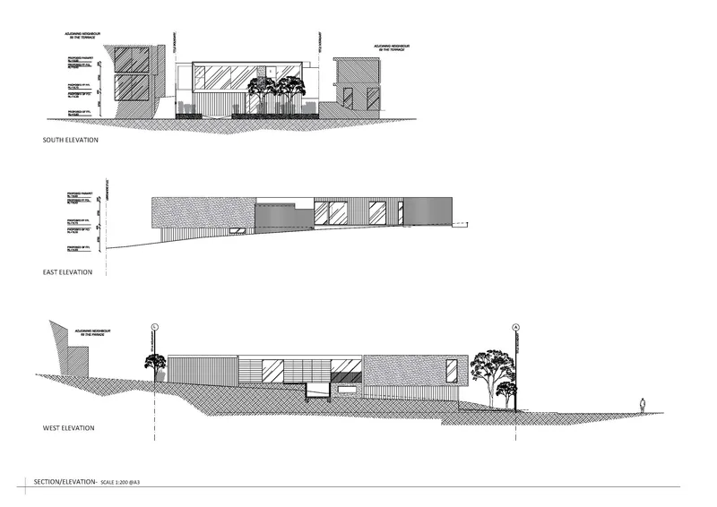 South, east, and west elevation drawings showing sloped site, varied facade materials, and adjacent trees