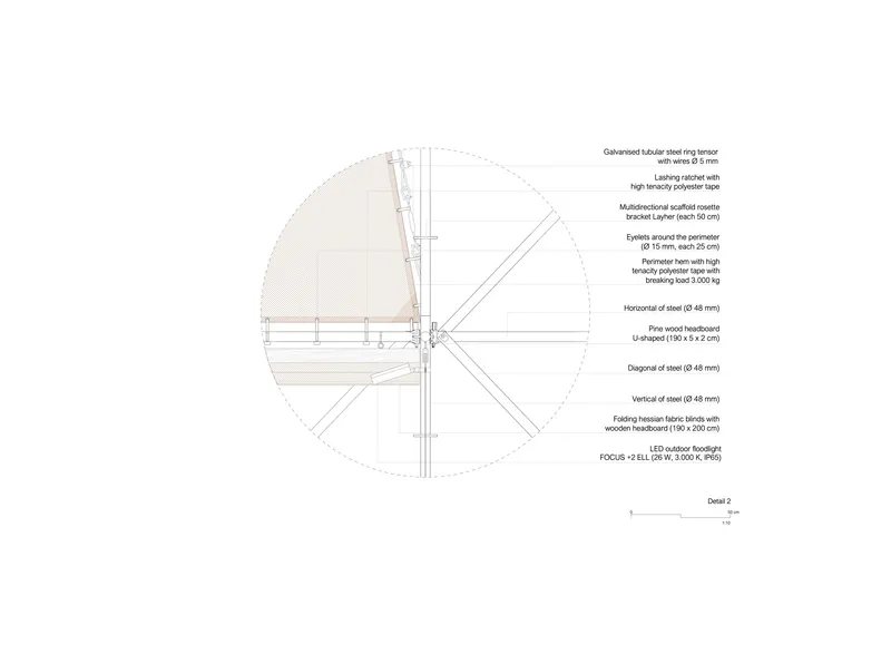 Circular detail drawing showing perimeter steel members radiating from a central joint with annotated construction layers