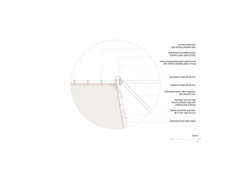 Circular detail drawing of structural joint with diagonal and horizontal steel members connecting at the center node