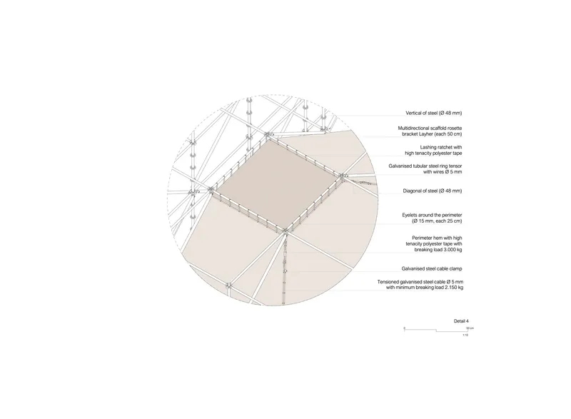 Circular detail drawing showing the intersection of four triangular roof panels with central steel cable connections