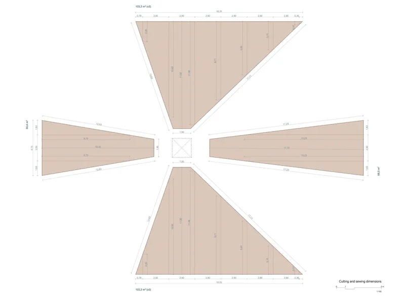 Ceiling plan drawing showing four triangular panels radiating from a square central opening with dimension annotations