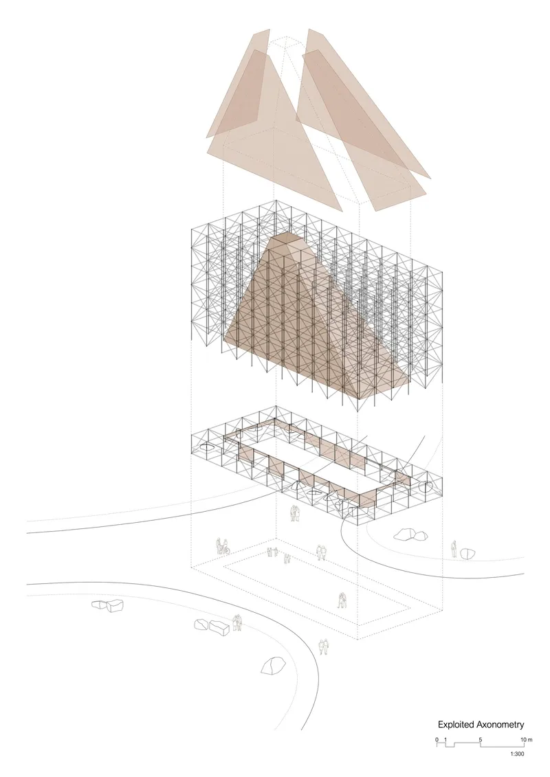 Exploded axonometric drawing showing triangular roof panels above scaffolding structure and ground-level platform with people