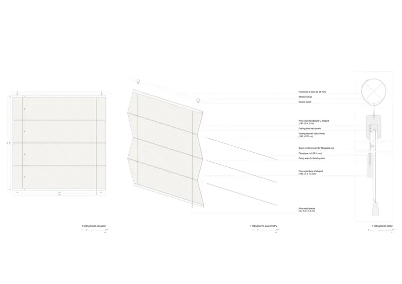 Technical drawings showing elevation, axonometric, and detail of a folding façade panel system