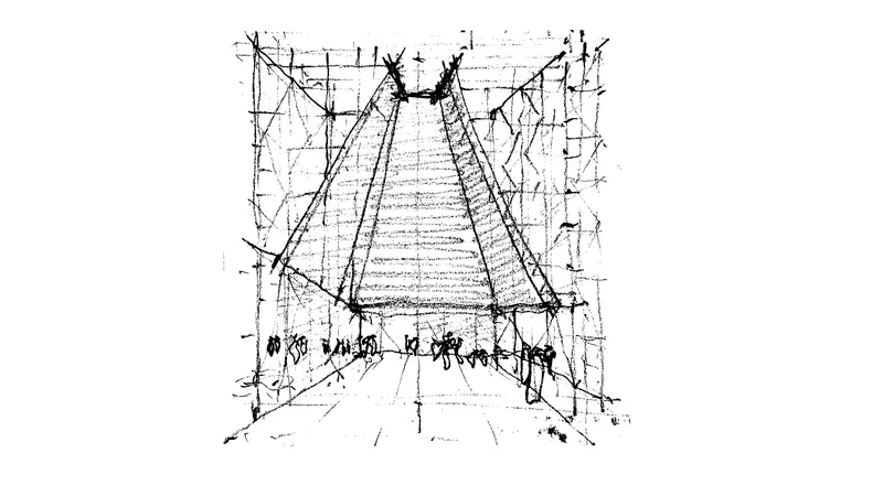Perspective sketch of an interior corridor with sloped walls and figures gathered at the end