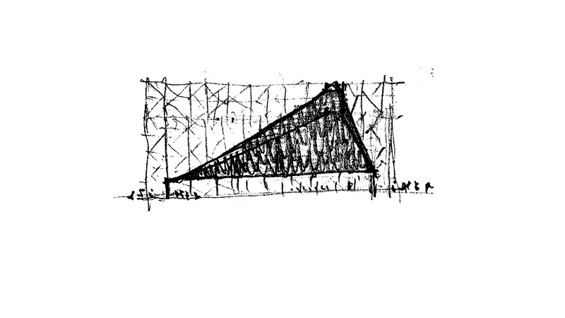 Elevation sketch of a sloped-roof volume with vertical cladding and figures standing nearby