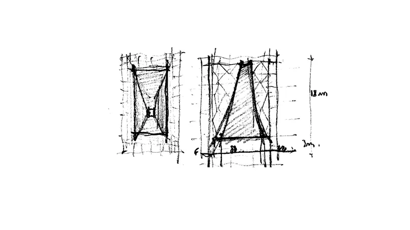 Plan and elevation sketches showing rectangular volumes with diagonal bracing and human scale references