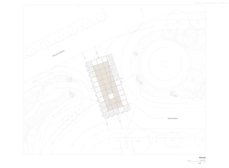 Site plan drawing showing a rectangular pavilion structure positioned between curved landscape features and circular paths