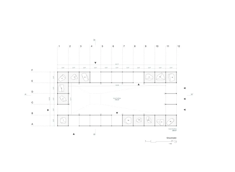 Ground floor plan drawing showing a gridded rectangular layout with perimeter circulation and corner service spaces